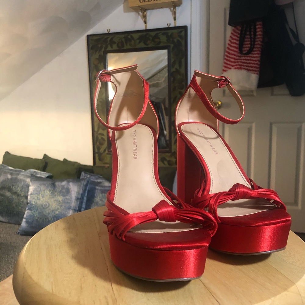 Red satin open toe heels